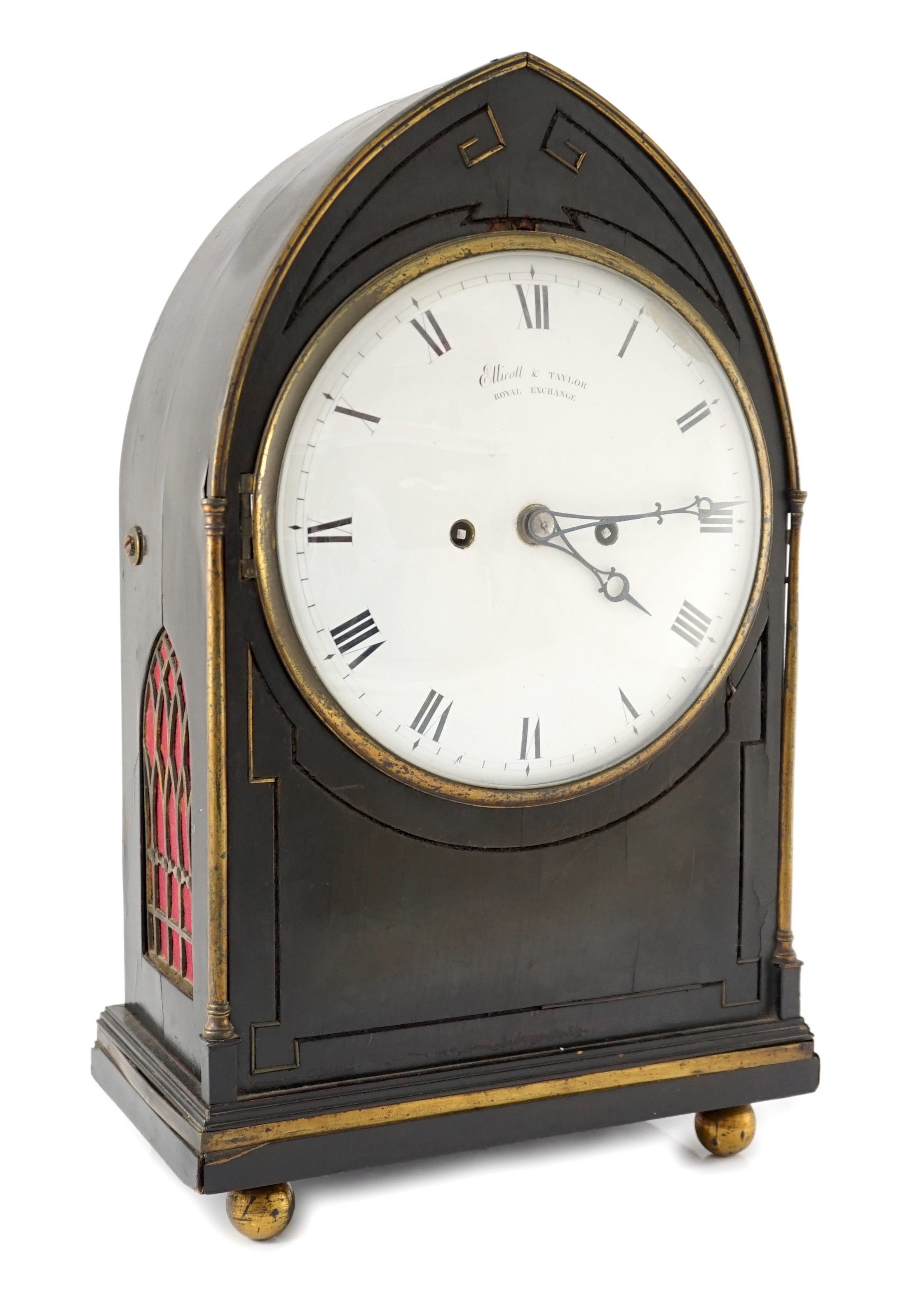 Ellicott & Taylor, Royal Exchange. A Regency lancet shaped ebonised bracket clock, 27cm wide, 15cm deep, 44cm high